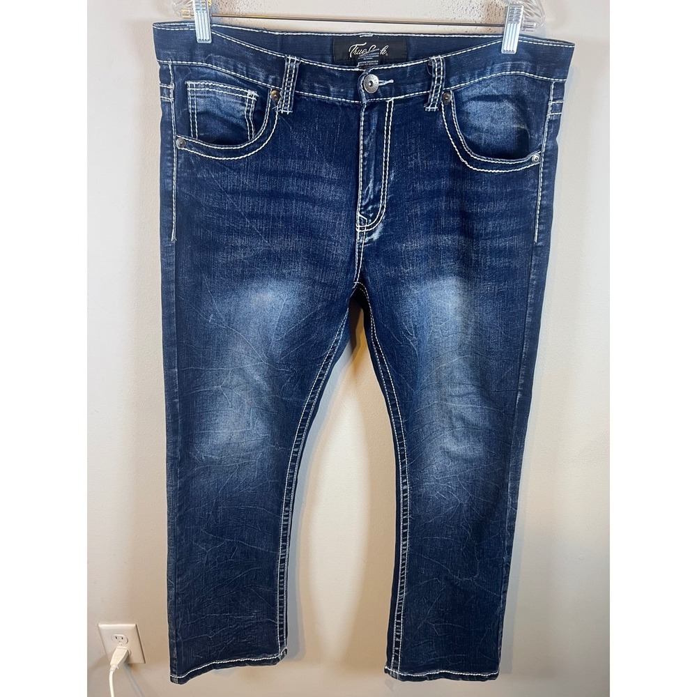 True Luck Mens Jeans Contrast Stitch Dark Wash 34/30